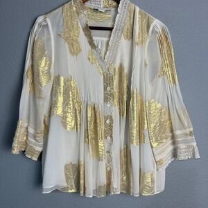 Diane von Furstenberg DVF Layla Silk Pleated Blouse Gold Leaf Brocade Top Size 4